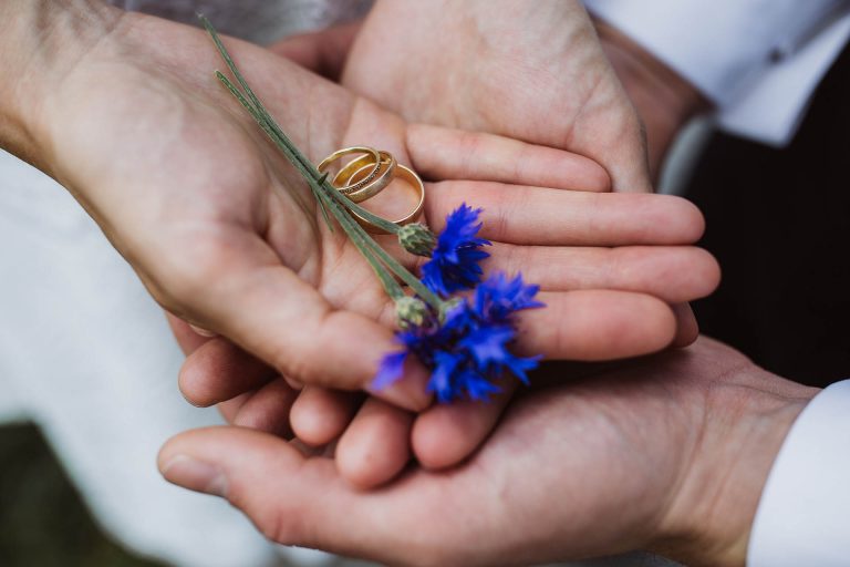 Eheringe in den Händen des Hochzeitspaares mit Blume dekoriert